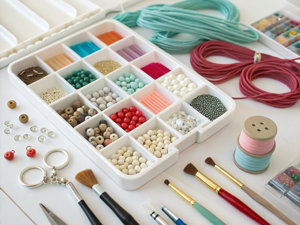 A close-up tabletop shot featuring organized jewelry and craft materials 