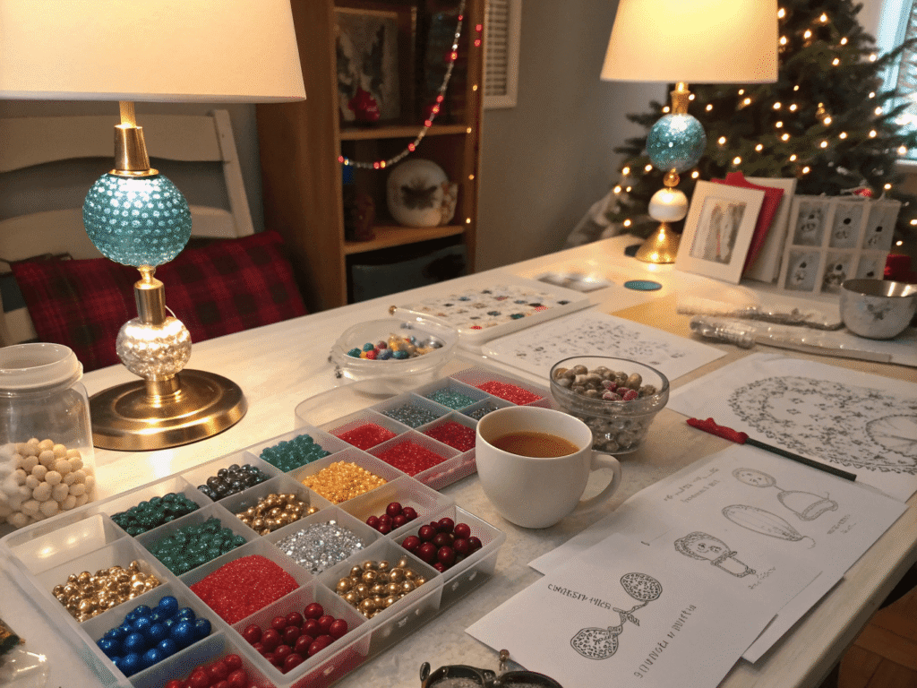 colorful beads, shimmering threads, and half-finished holiday ornaments