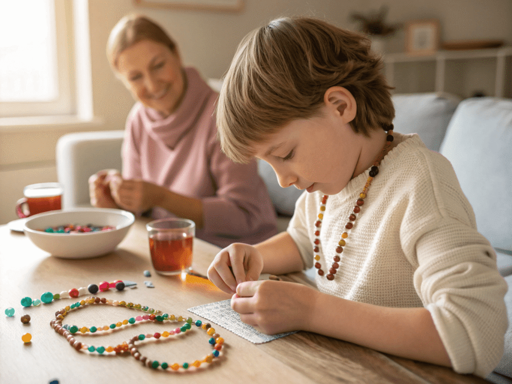 a parent quietly observes their child creating jewelry