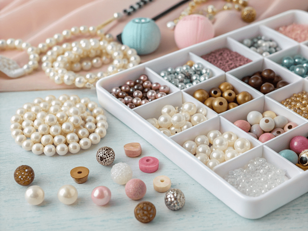 Example of assorted bead materials in a beginner jewelry-making kit.