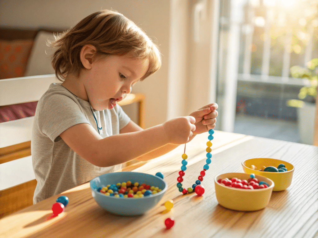  a young child makes a bracelet