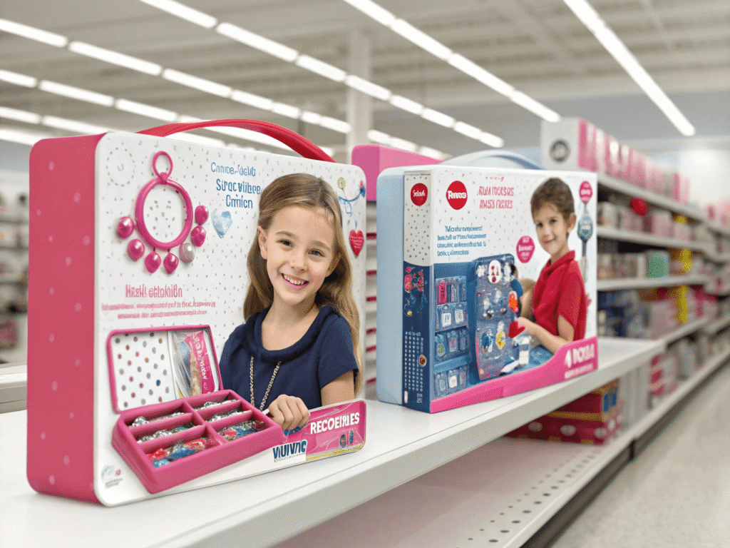 two contrasting children’s craft kits displayed side by side on a store shelf