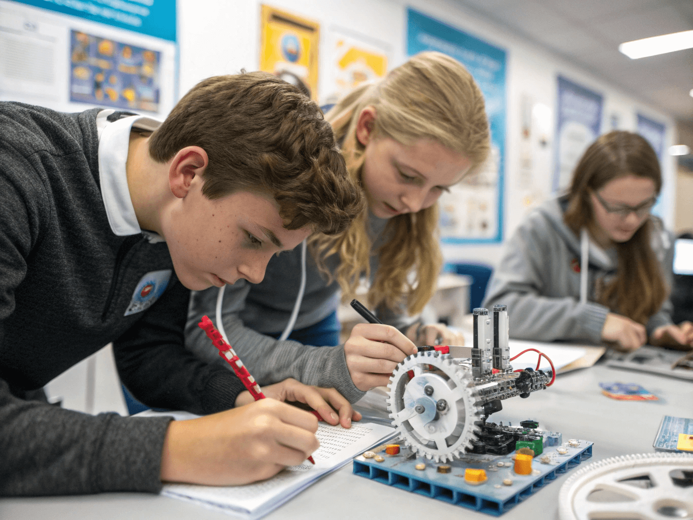 A group of students assembling an engineering-themed craft kit