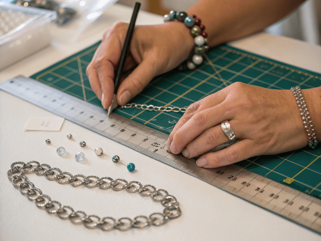 a person’s hands aligning charms and beads along a bracelet chain on a white work mat