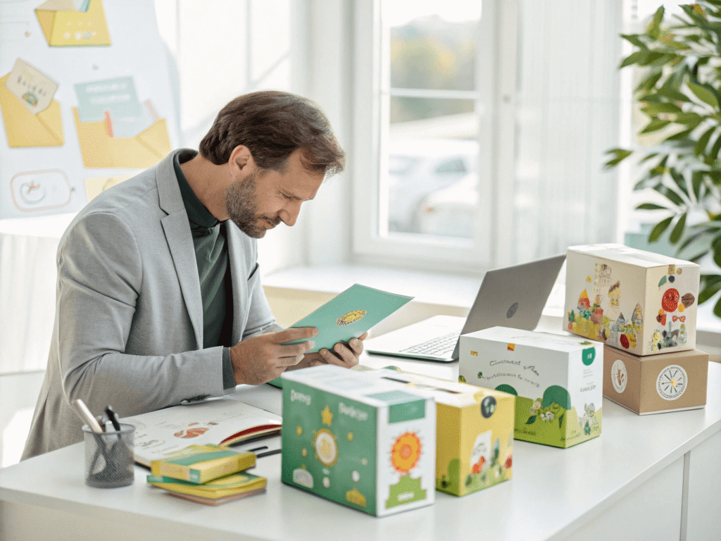 a professional sourcing manager reviewing packaging mock-ups for children’s craft kits
