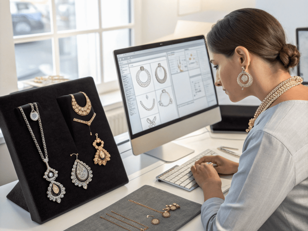 a designer comparing handmade jewelry samples with CAD blueprints