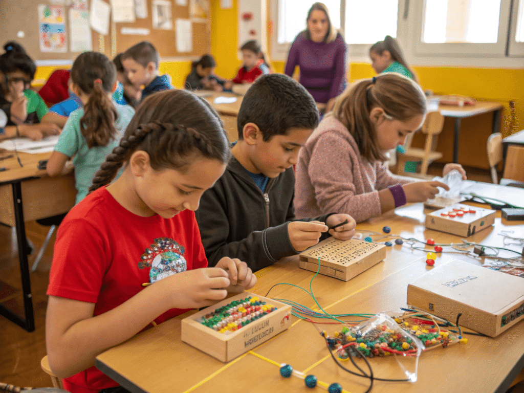 A vibrant classroom filled with children engaged in hands-on craft activities