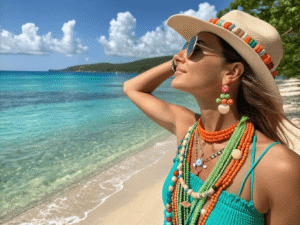 a woman wearing colorful summer bohemian bead jewelry