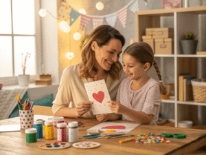a mother and her young niece sitting together at a cozy wooden table covered with craft materials