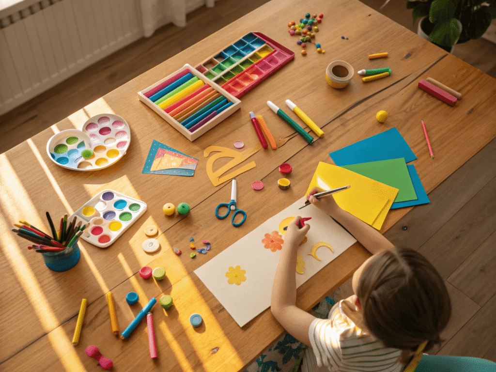 colorful children’s craft materials—crayons, colored pencils, glue sticks, scissors with rounded tips, felt sheets, ribbons, and paper shapes scattered playfully