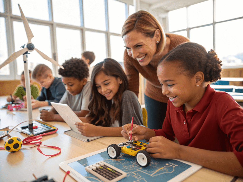 elementary students participating in a STEM craft project