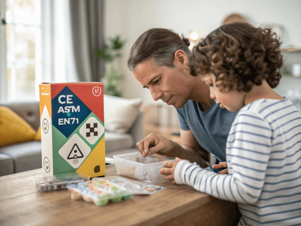 An adult parent examining a craft kit package at home