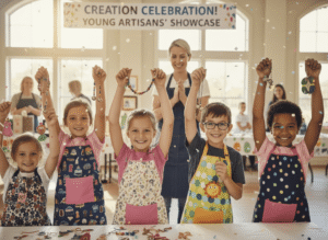 Happy kids showing finished jewelry crafts