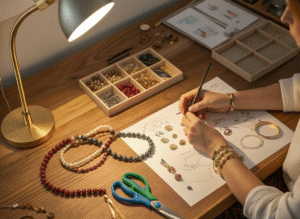 jewelry-making components, including beads, wires, and small pliers