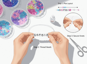 hands crafting a personalized name bracelet using a bead kit