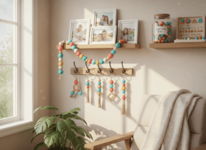 A warm, lifestyle-oriented interior scene showing silicone bead accessories integrated into home décor