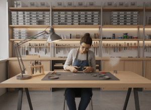 a beginner jewelry maker working at a well-organized crafting table
