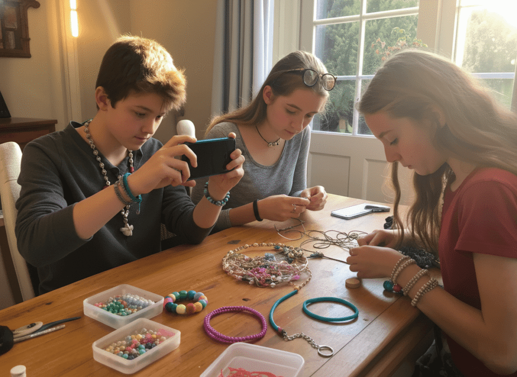 creative teenagers sit around a wooden table filled with colorful jewelry-making materials