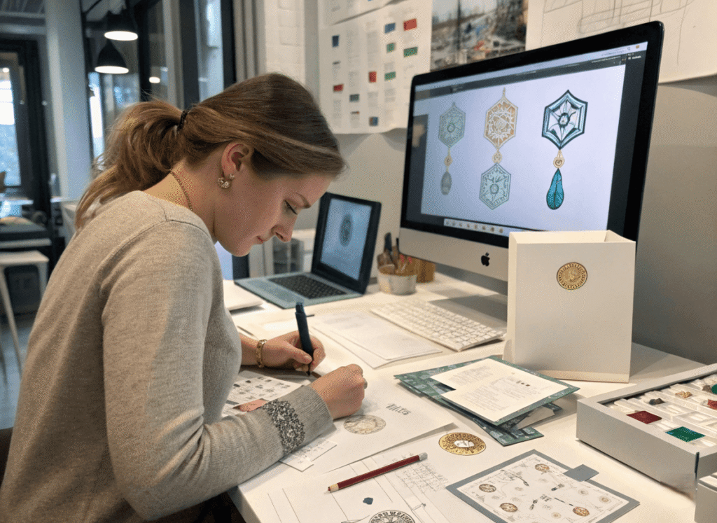 A product designer is sketching packaging concepts for teen jewelry kits