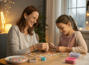 a mother and daughter sitting at a wooden table filled with colorful jewelry-making materials