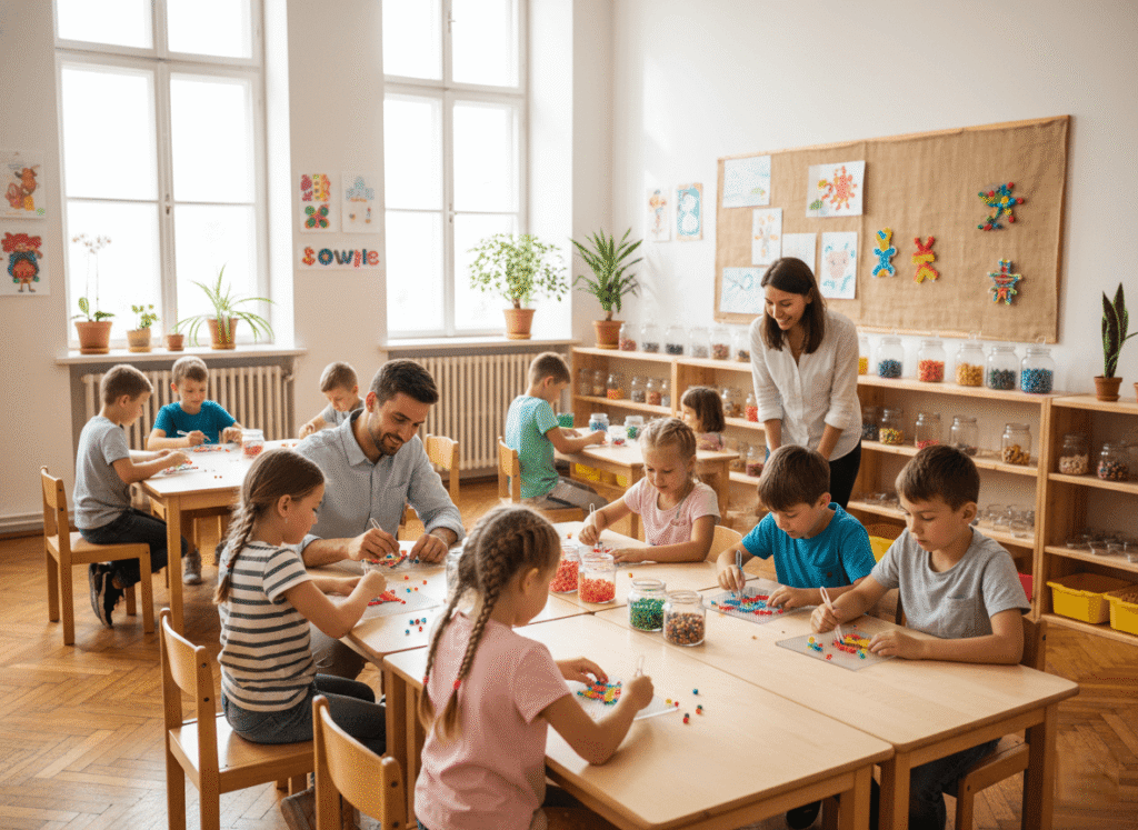 Children aged 6 to 10 are creating colorful designs with fuse beads