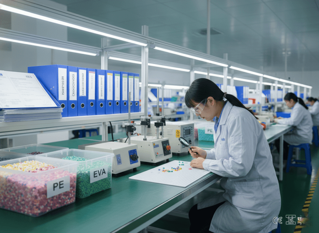 An inspector examines fuse bead samples 