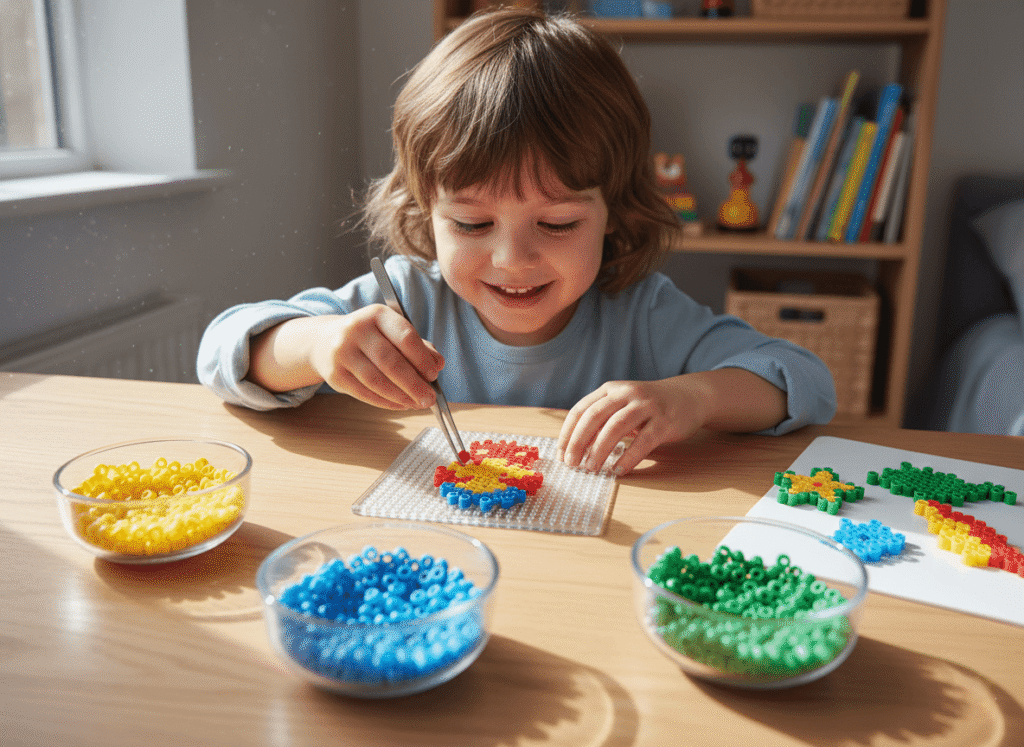 child placing beads on template