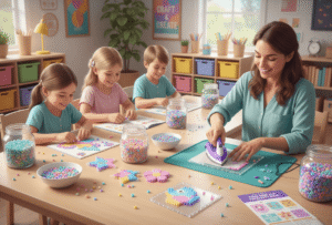 The kids are arranging colorful beads on pegboards; an adult carefully uses an iron to fuse a finished design.