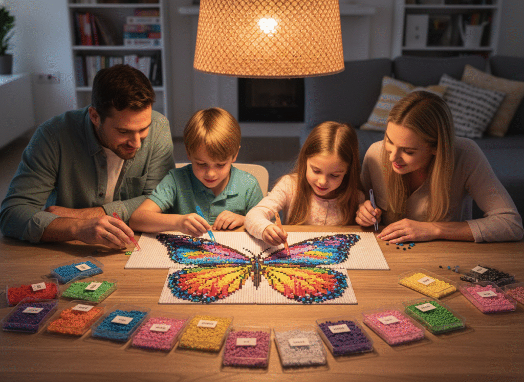  a family is collaborating on a large fuse bead mosaic