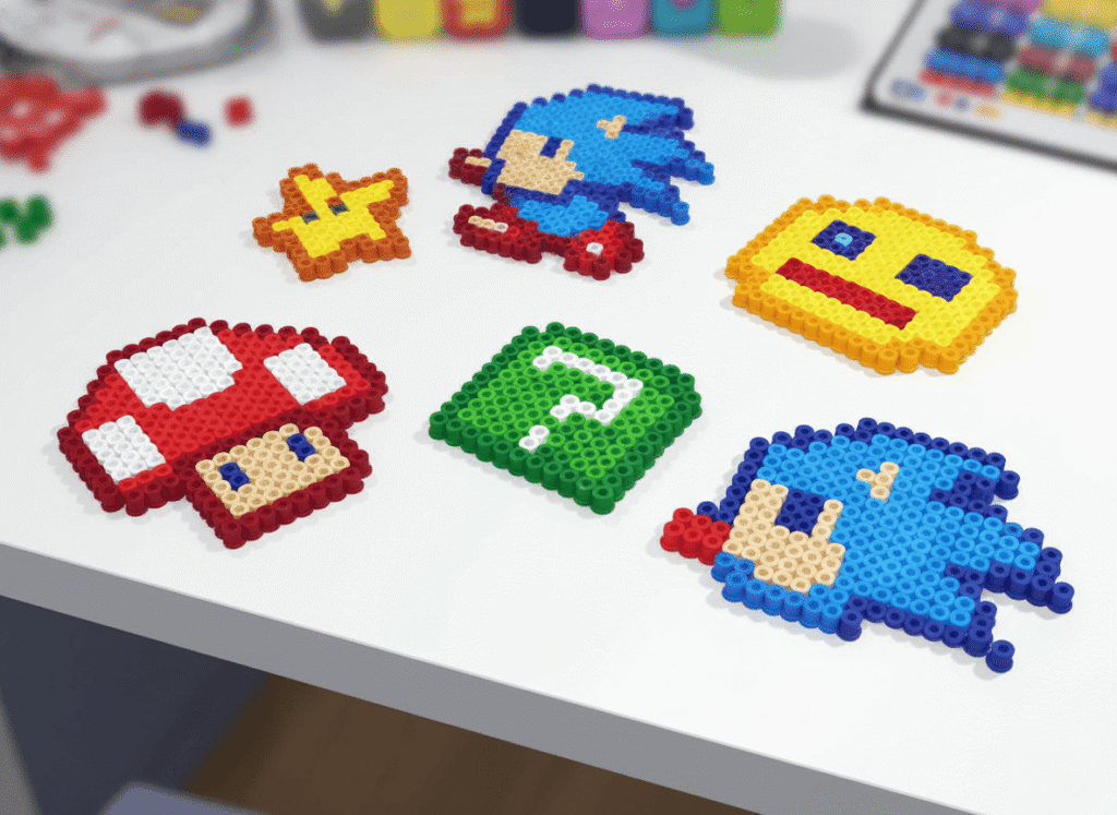a collection of pixel-style fuse bead artworks 