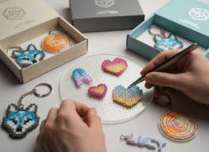 handmade keychains and name tags crafted from fuse beads