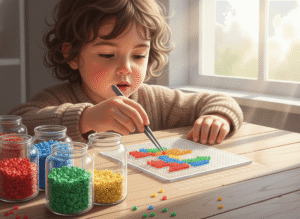 a young child carefully placing colorful fuse beads on a transparent pegboard