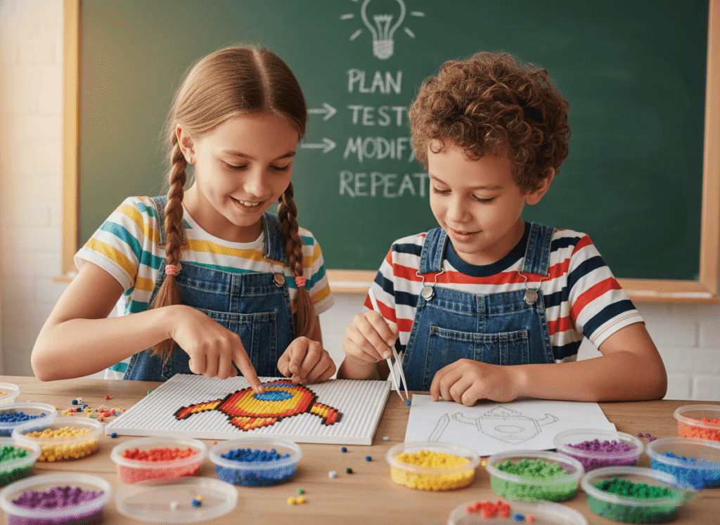 children working on fine motor skills through fuse bead activity