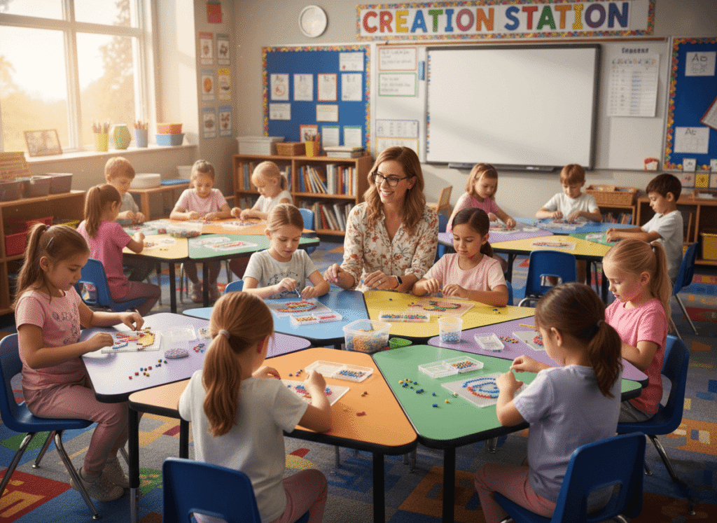 students using fuse beads in classroom