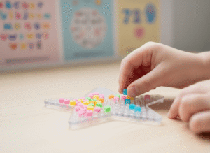 working on colorful fuse bead (Perler bead) projects