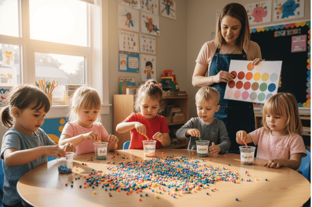 young children are sorting colorful fuse beads