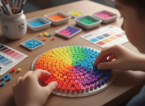 A child’s hands constructing a mini color wheel using fuse beads on a pegboard