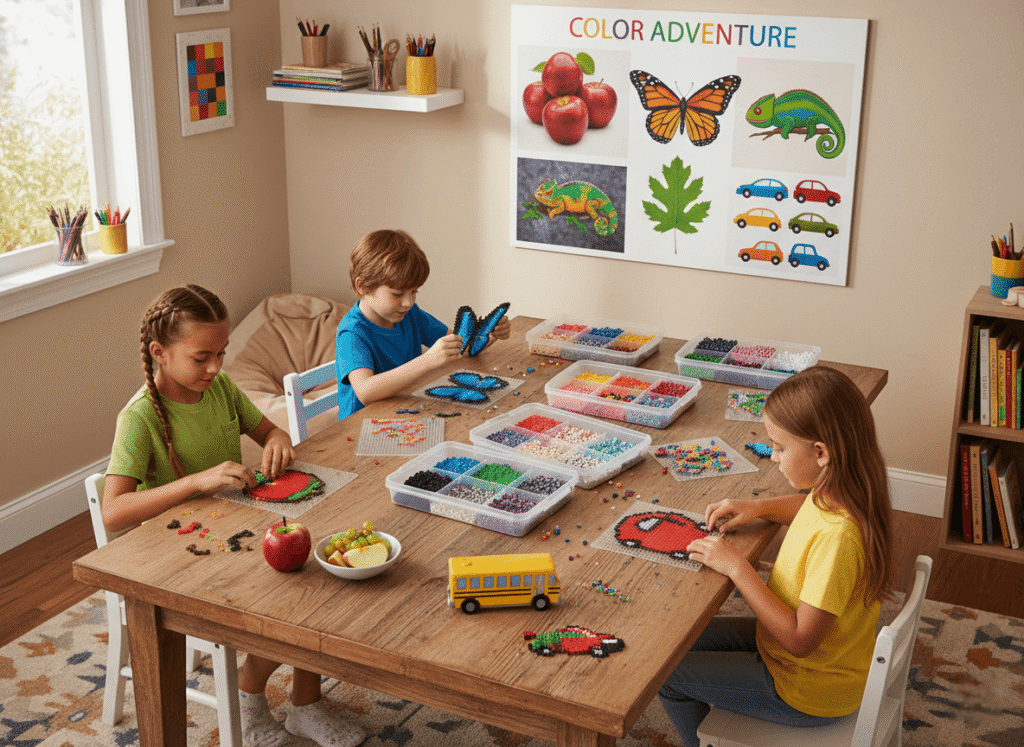 Children recreate everyday objects like apples, butterflies, and cars using fuse beads in realistic colors