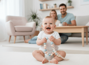 A smiling baby is holding a colorful silicone teething toy