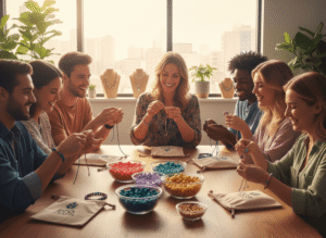 young adults at a promotional event assembling DIY silicone bead kits