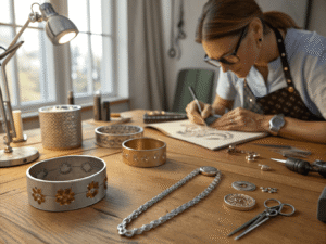 On a wooden table lie various DIY kit components—beads, chains, clasps, pliers, and resin pots