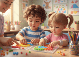 two preschool children, about 3–4 years old, using large Maxi fuse beads