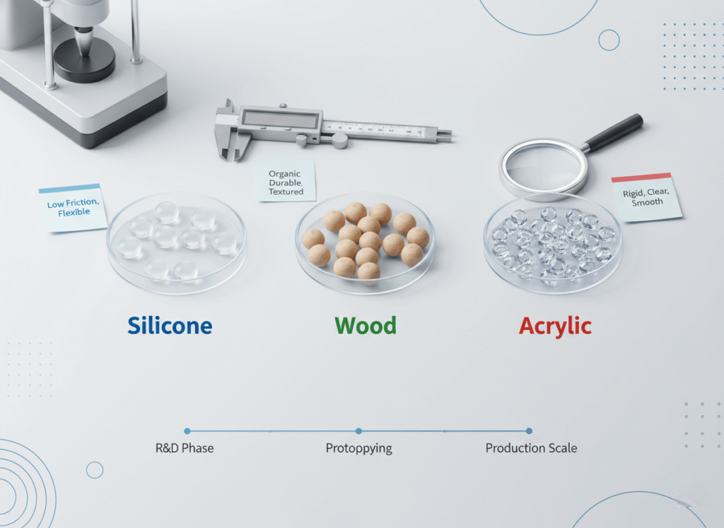A clean infographic-inspired digital illustration showing a professional desktop scene with three petri dishes labeled “Silicone,” “Wood,” and “Acrylic.” 