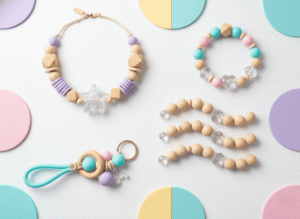 a close-up of soft, colorful silicone beads, wood beads and acrylic beads