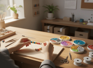 a jewelry workshop where a designer is assembling silicone bead bracelets