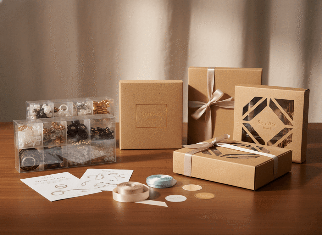 a variety of private-label jewelry-making kits packaged in distinct materials