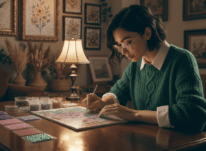 A cozy living room scene showing a woman calmly working on a diamond painting canvas
