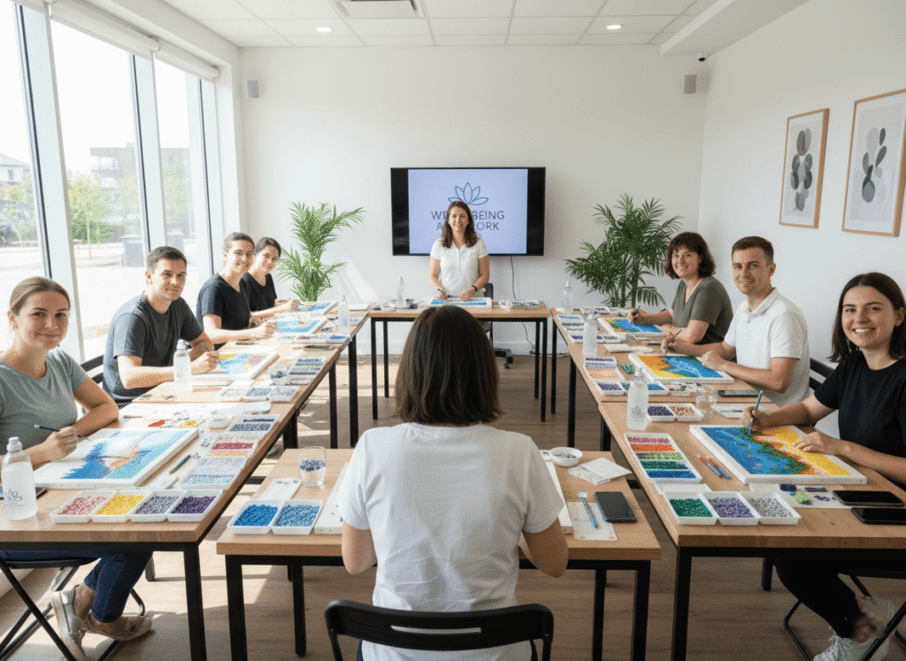 a group of people in a modern studio participating in a diamond painting workshop
