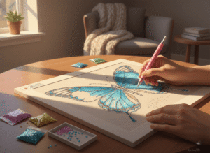 a beginner hobbyist enthusiastically decorates a partial drill diamond painting of a butterfly