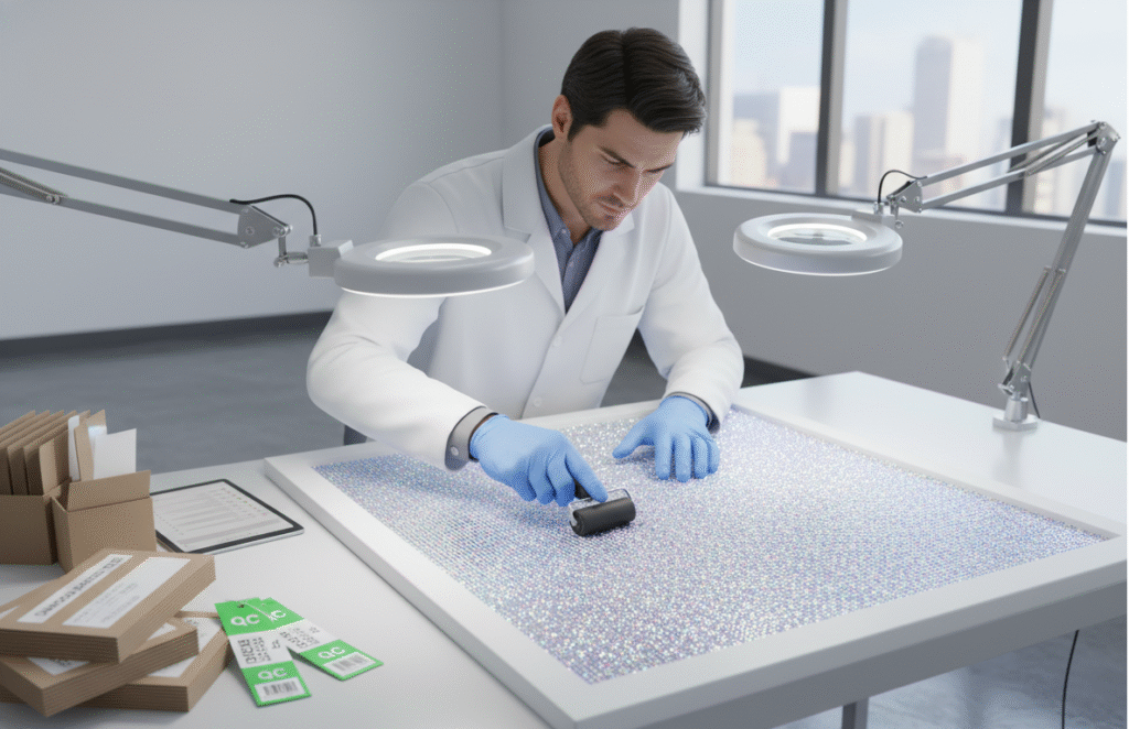 a quality control specialist inspecting diamond adhesion on a finished canvas